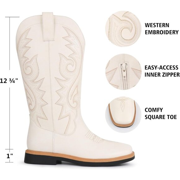 Women's White Embroidered Square Toe Side Zipper Western Mid Calf Dress Boots - Picture 4 of 6